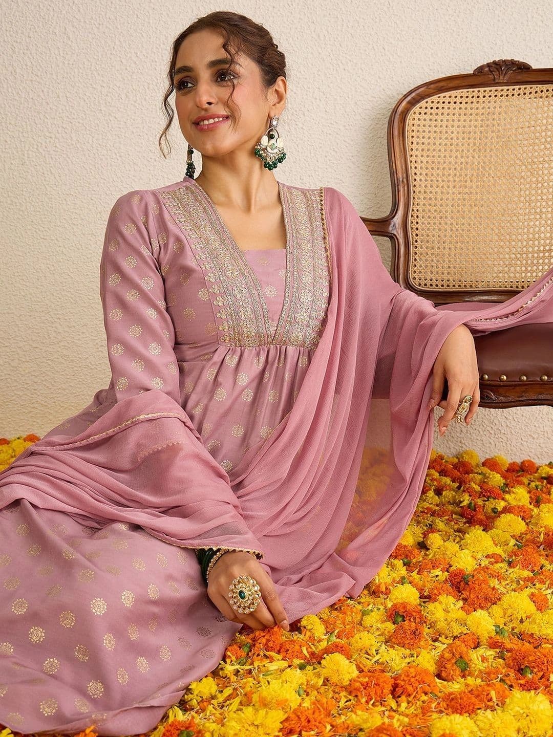 Janasya Women Ethnic Motifs Tiered Kurta with Trousers & With Dupatta - view 1