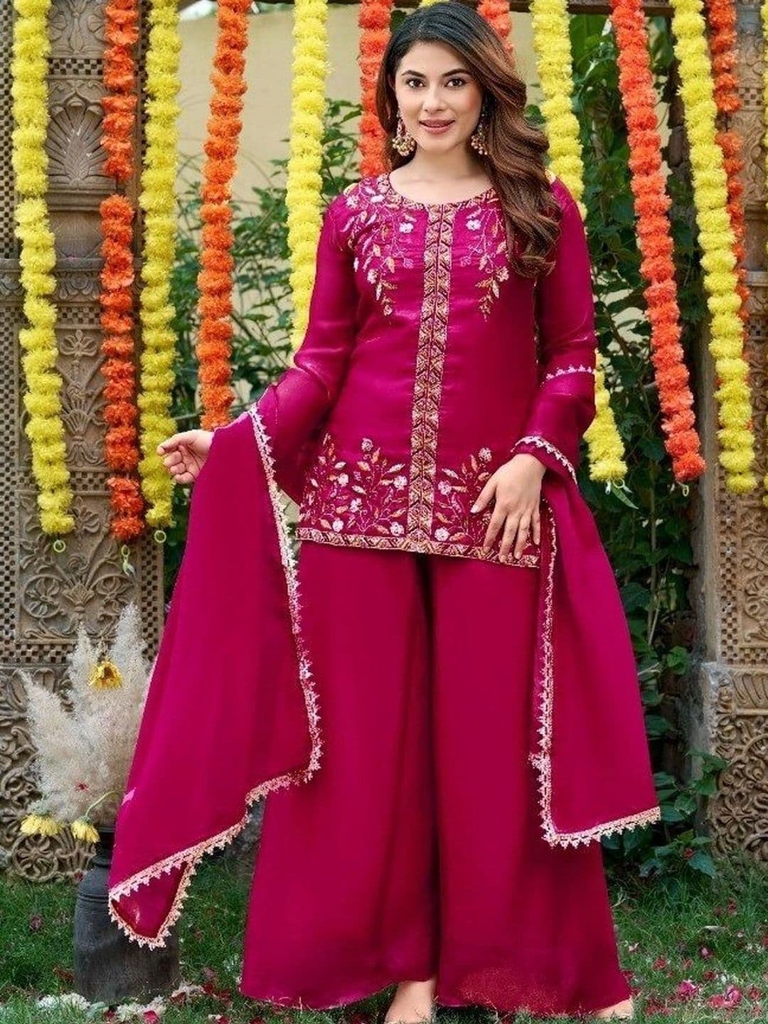 all about you Women Ethnic Motifs Embroidered Regular Thread Work Kurta with Palazzos & With Dupatta - view 1
