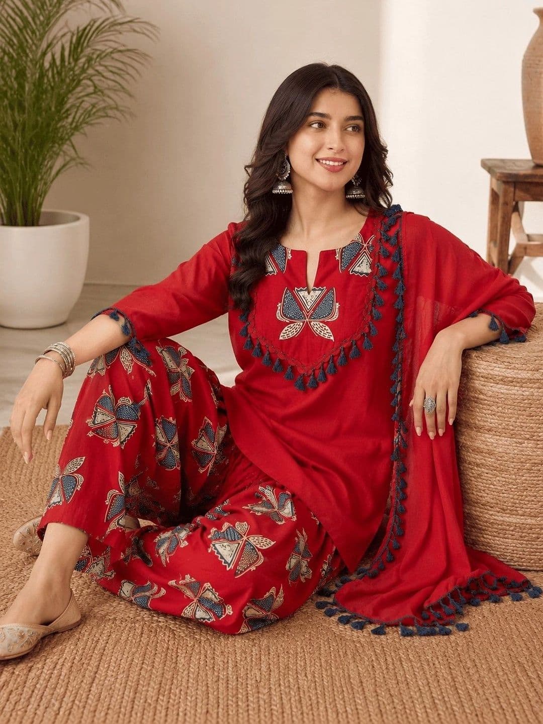 KBZ Women Floral Embroidered Regular Thread Work Pure Cotton Kurta with Patiala & With Dupatta - view 1