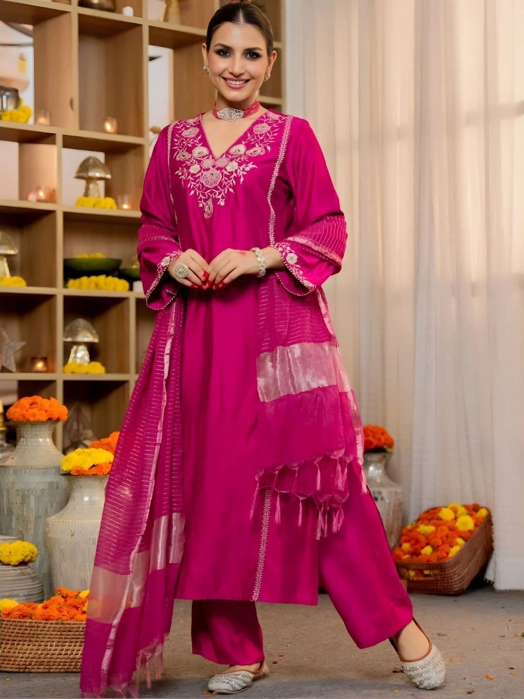 Sangria Women Ethnic Motifs Embroidered Regular Thread Work Kurta with Palazzos & With Dupatta - view 1