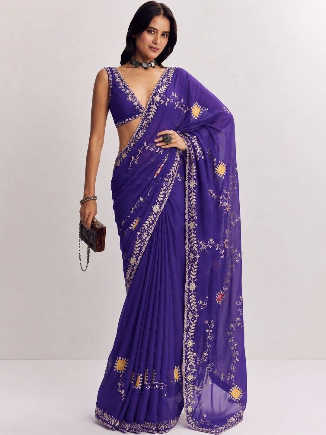 Sangria Floral Embroidered Satin Designer Saree - view 1