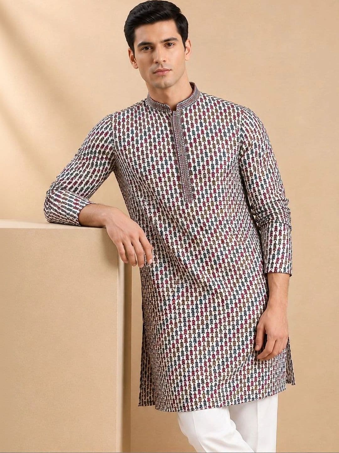 House of Pataudi Men Ethnic Motifs Printed Thread Work Kurta - view 1