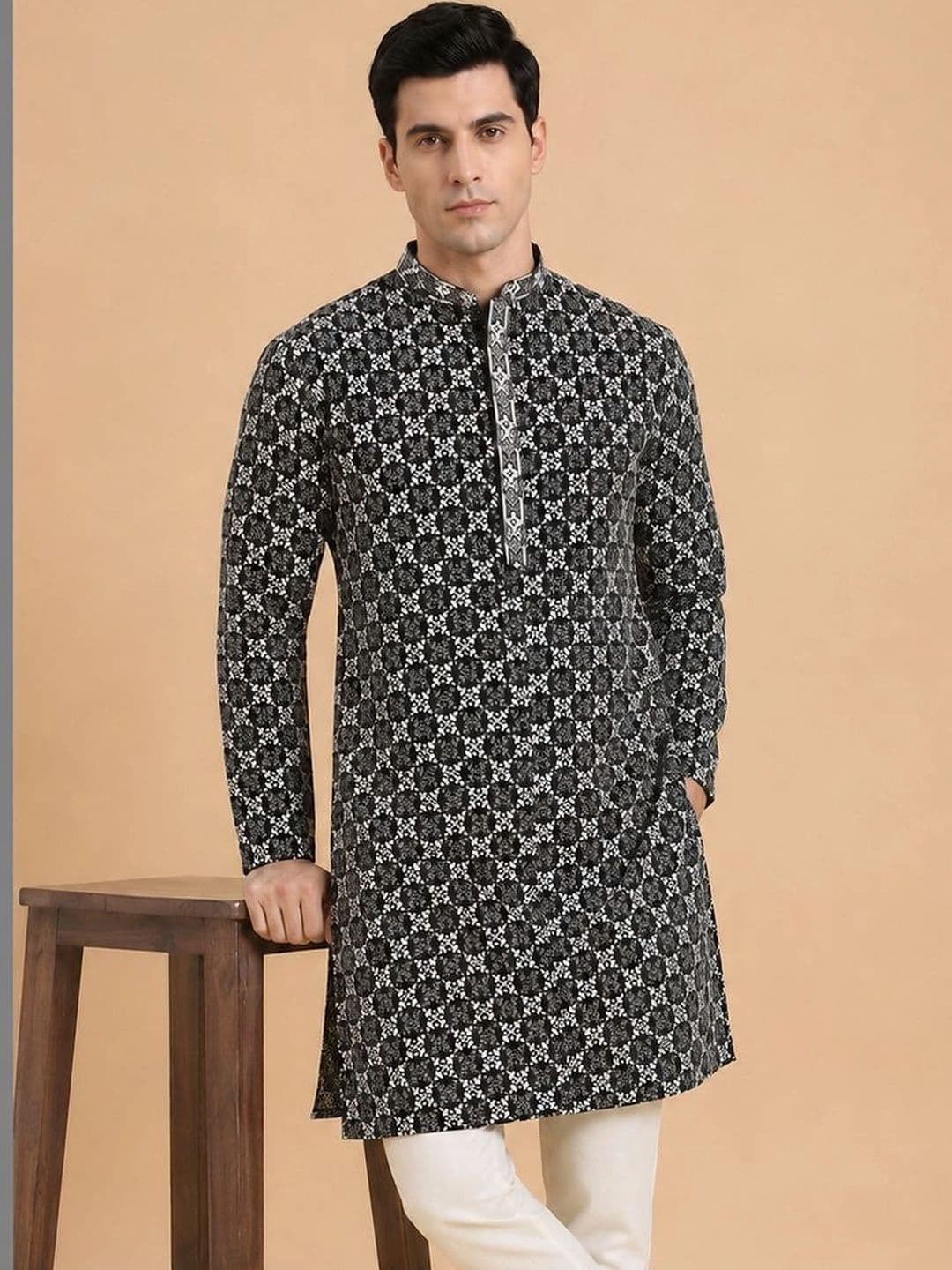House of Pataudi Men Geometric Printed Thread Work Kurta - view 1