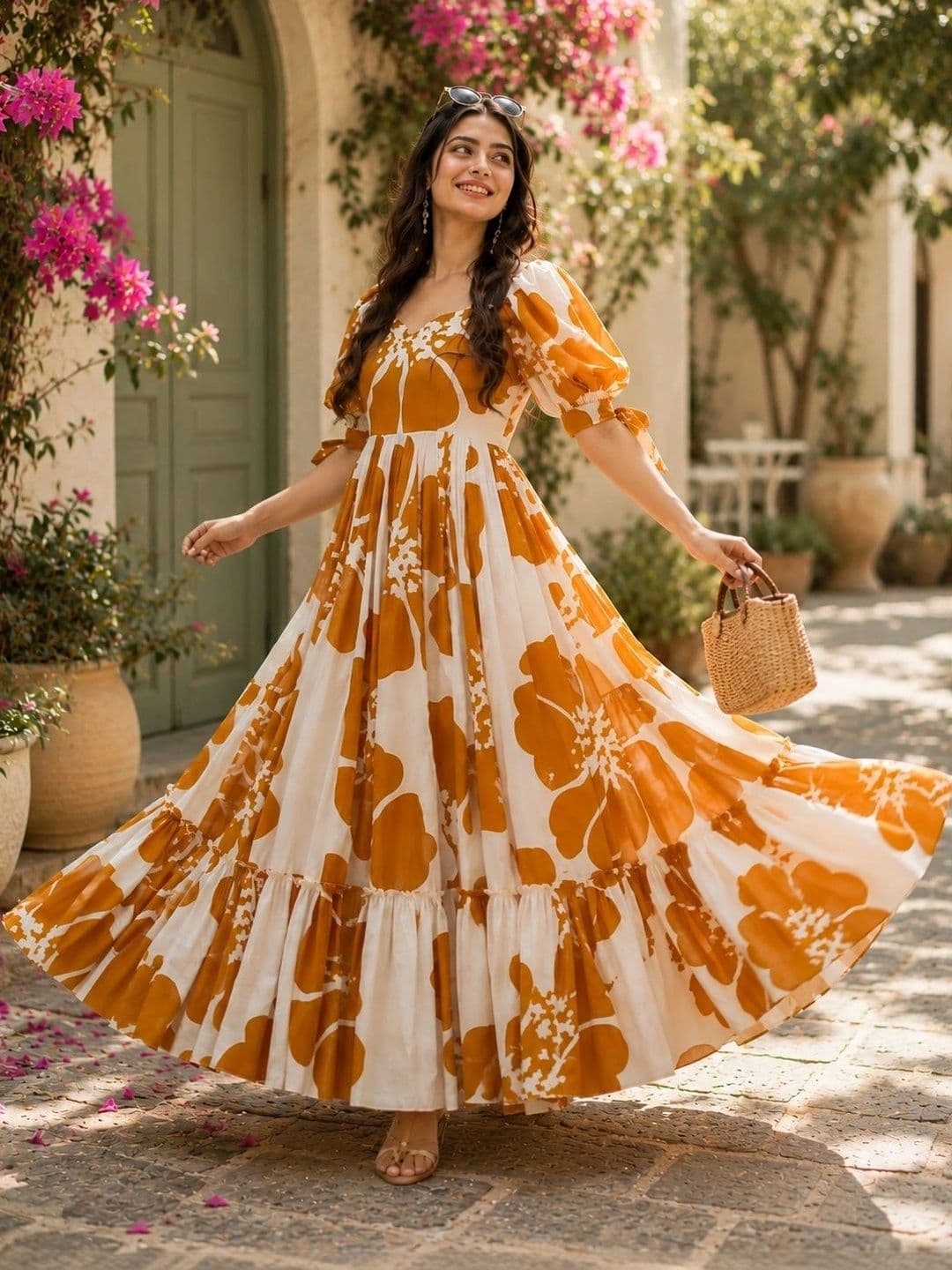 KAVYA FASHION Printed Cotton Sweetheart Neck Maxi Ethnic Dress - view 1