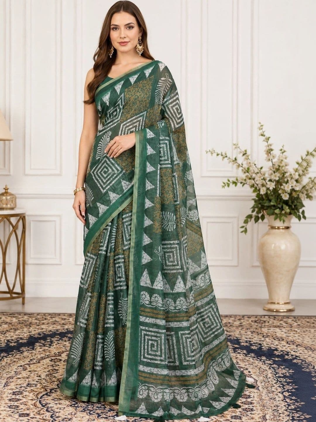 KALINI Ethnic Motifs Zari Linen Blend Handloom Block Print Saree - view 1