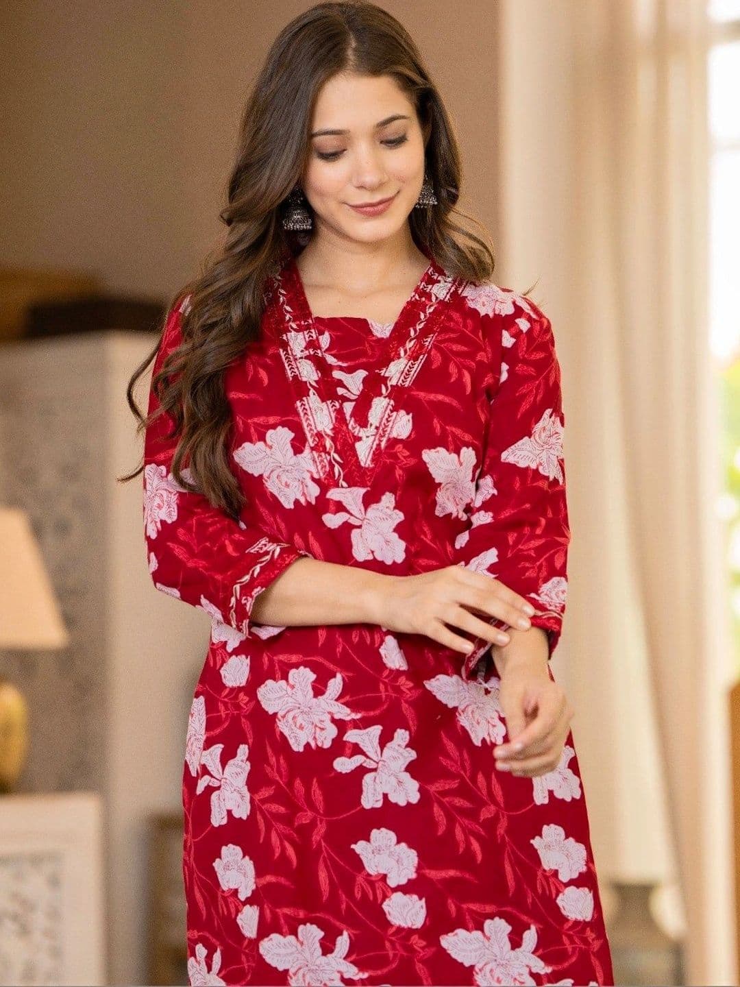 KKOUTFITS Women Floral Printed Regular Thread Work Pure Cotton Kurta with Trousers - view 1