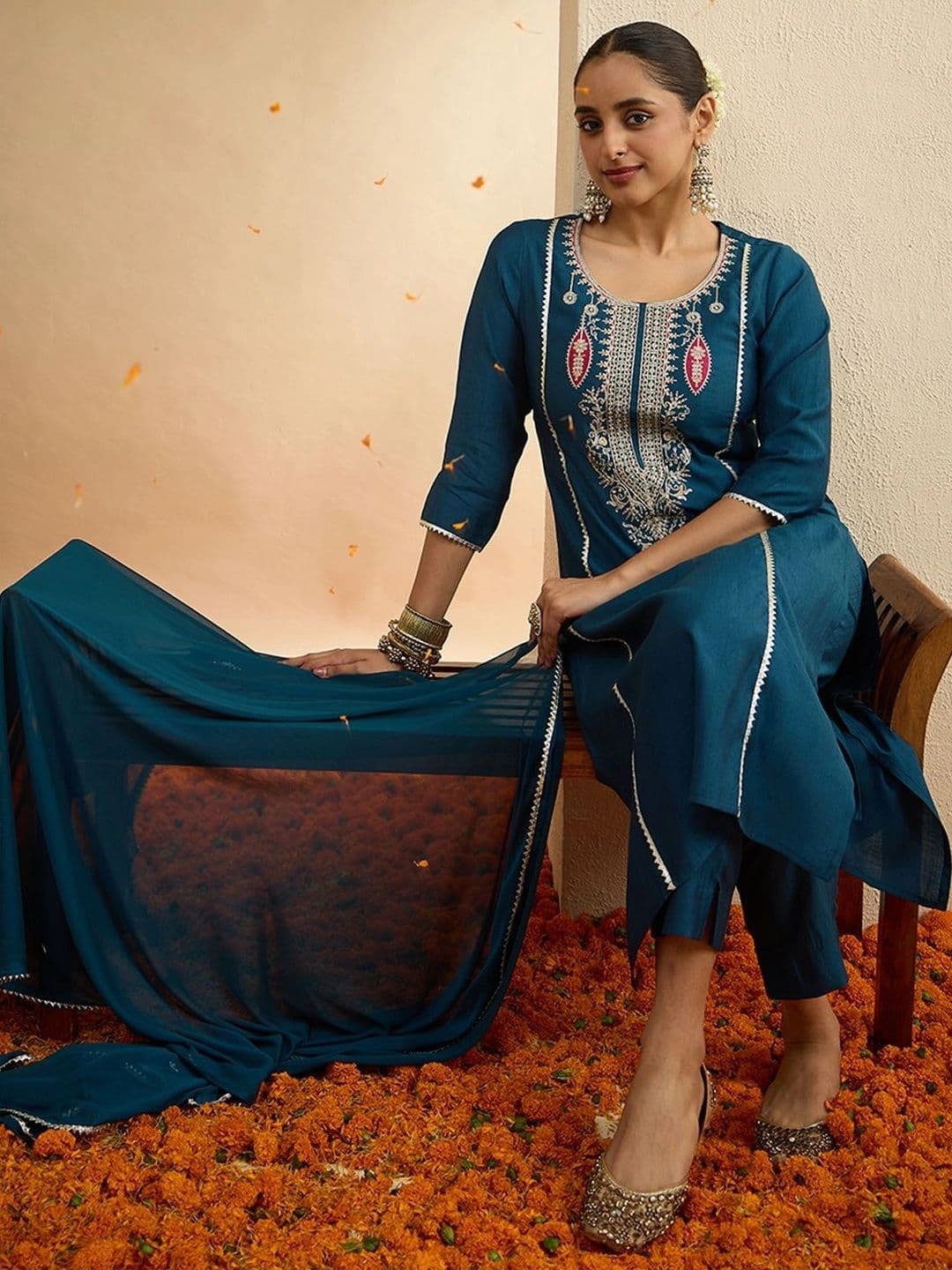 Janasya Women Ethnic Motifs Embroidered Regular Kurta with Trousers & With Dupatta - view 1