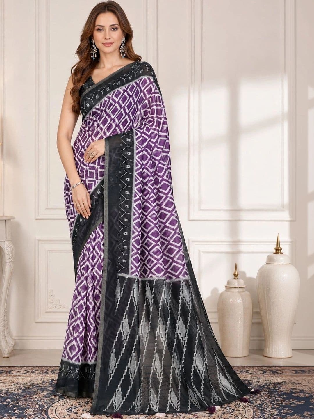 V3 FASHION STUDIO Ethnic Motifs Zari Linen Blend Handloom Block Print Saree - view 1