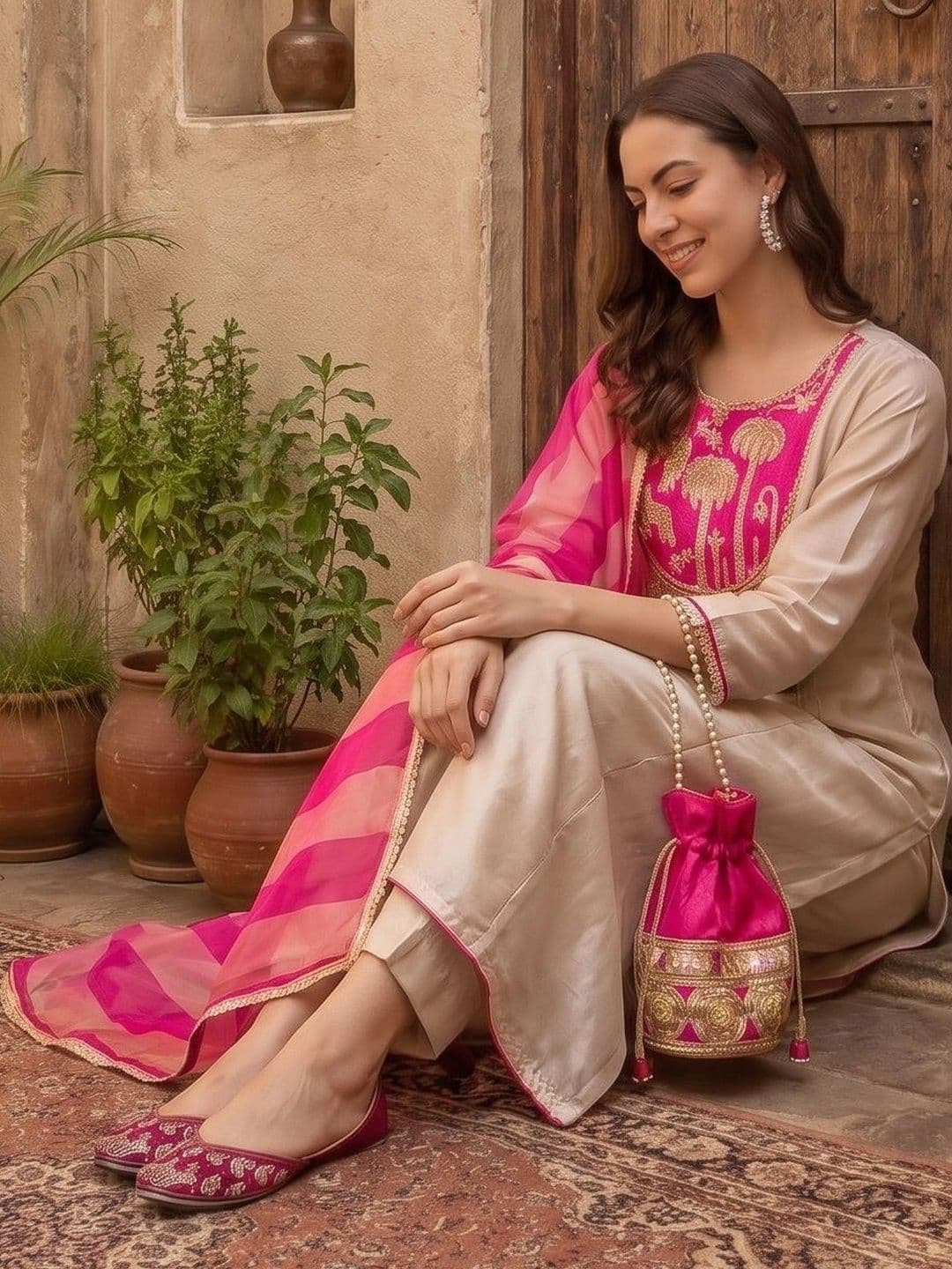 Sangria Ethnic Motifs Embroidered Regular Thread Work Kurta with Trousers & With Dupatta - view 1