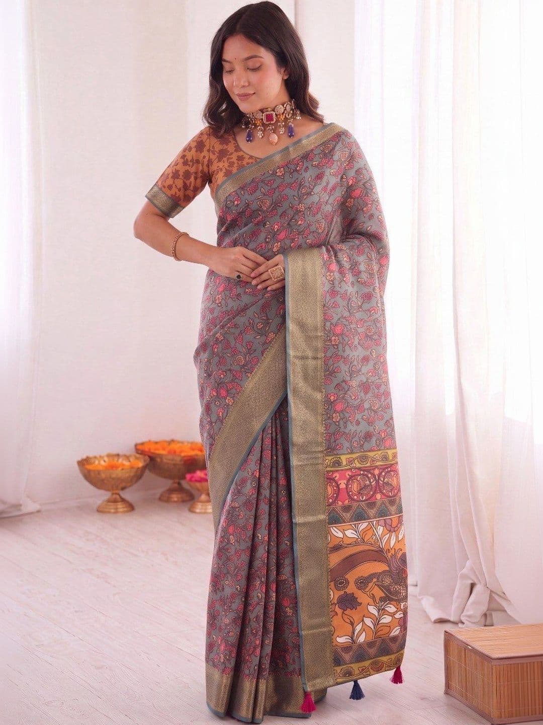 GREEN PEARS Paisley Linen Blend Fusion Banarasi Saree - view 1