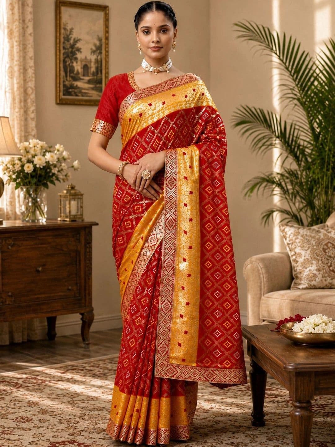 KANURIKAA Bandhani Zari Poly Georgette Designer Bandhani Saree - view 1
