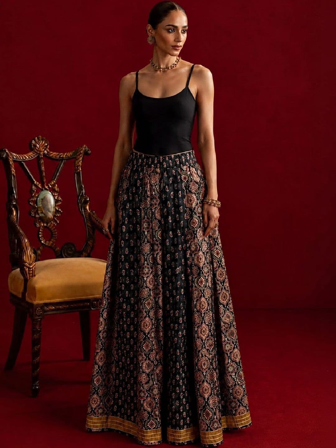 Varanga Women Cotton Cambric Paisley Maxi Flared Skirt - view 1