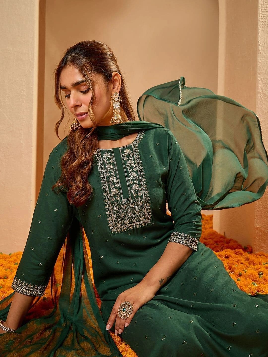 Janasya Women Ethnic Motifs Embroidered Regular Kurta with Trousers & With Dupatta - view 1