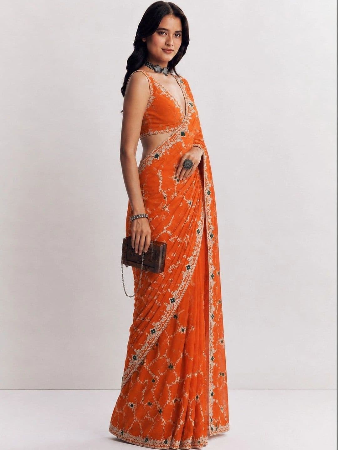 Sangria Ethnic Motifs Embroidered Satin Saree - view 1