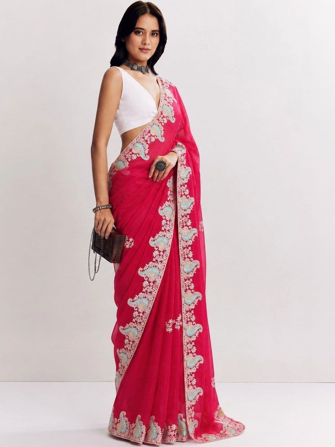 Sangria Paisley Embroidered Satin Saree - view 1