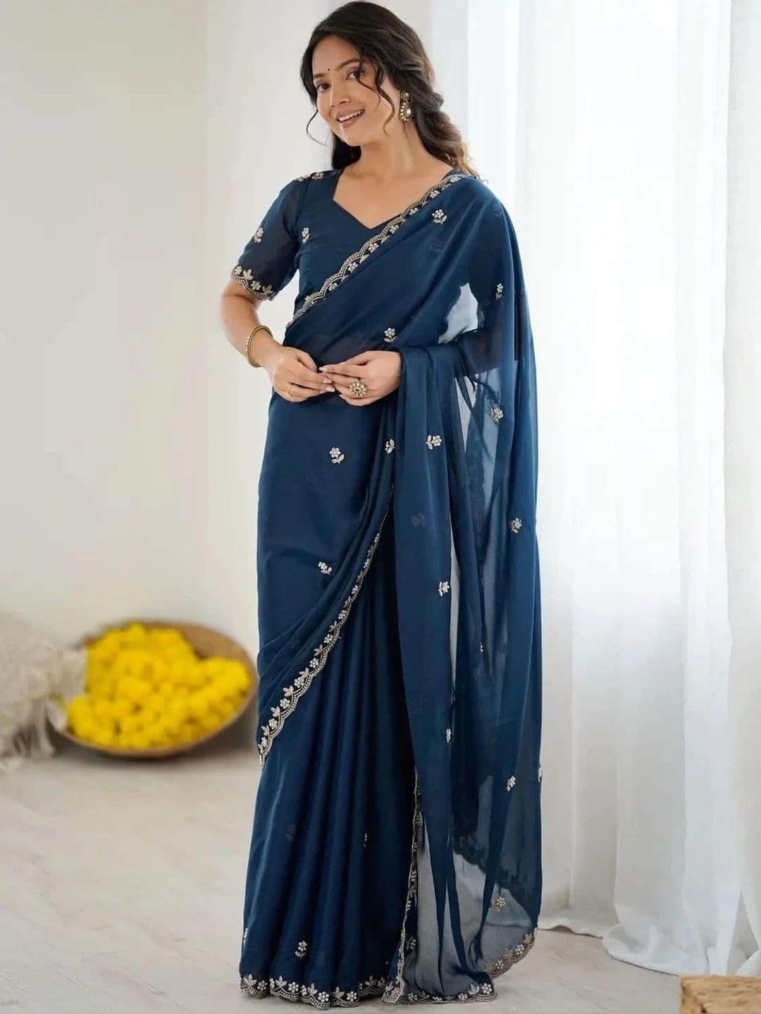 ANIRAV Floral Embroidered Poly Georgette Saree - view 1