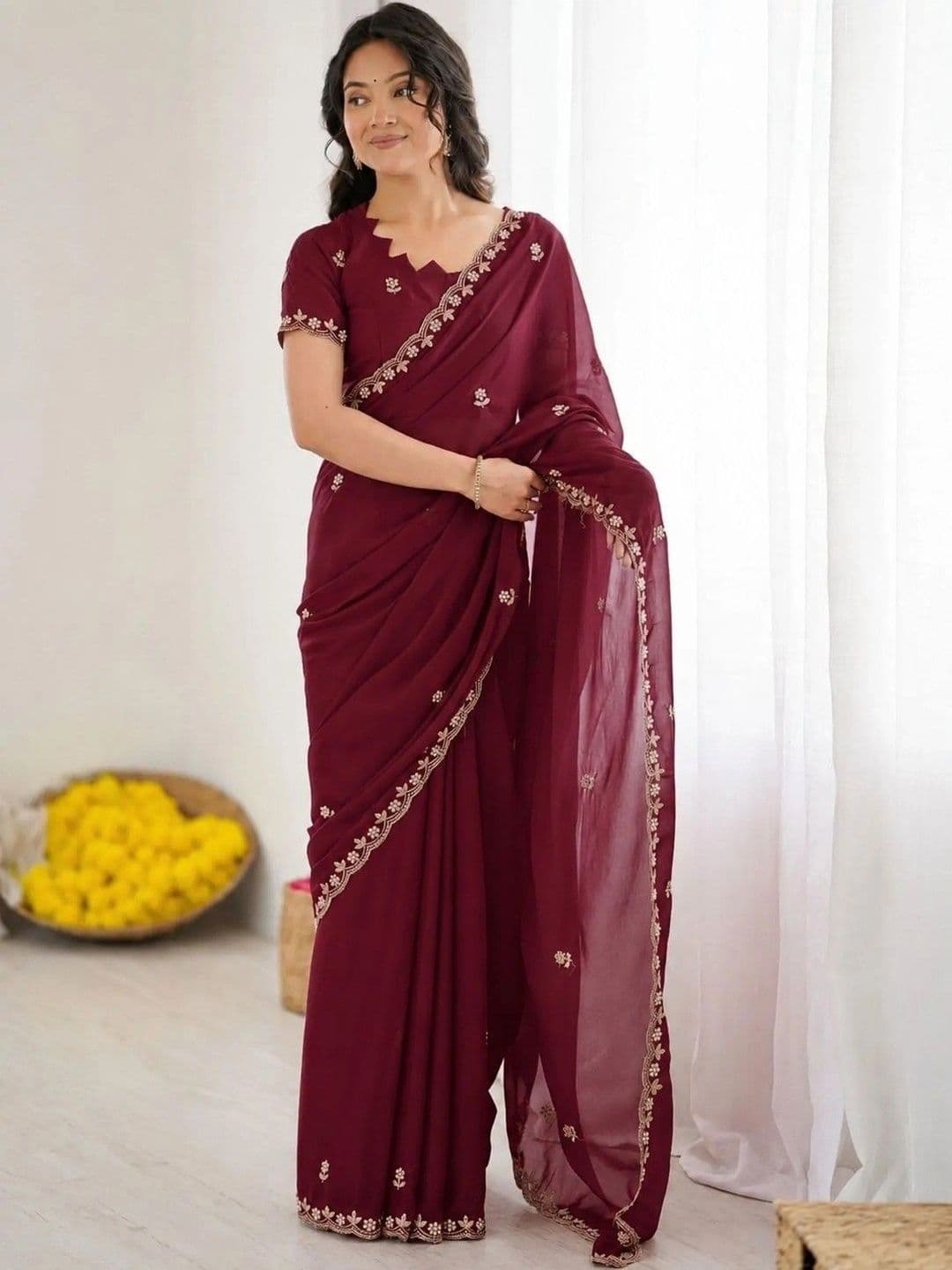 SZN Ethnic Motifs Embroidered Poly Georgette Saree - view 1