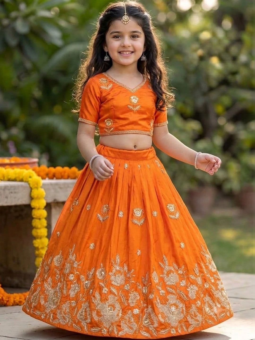 RJ ONLINE Girls Embroidered Thread Work Ready to Wear Lehenga & - view 1