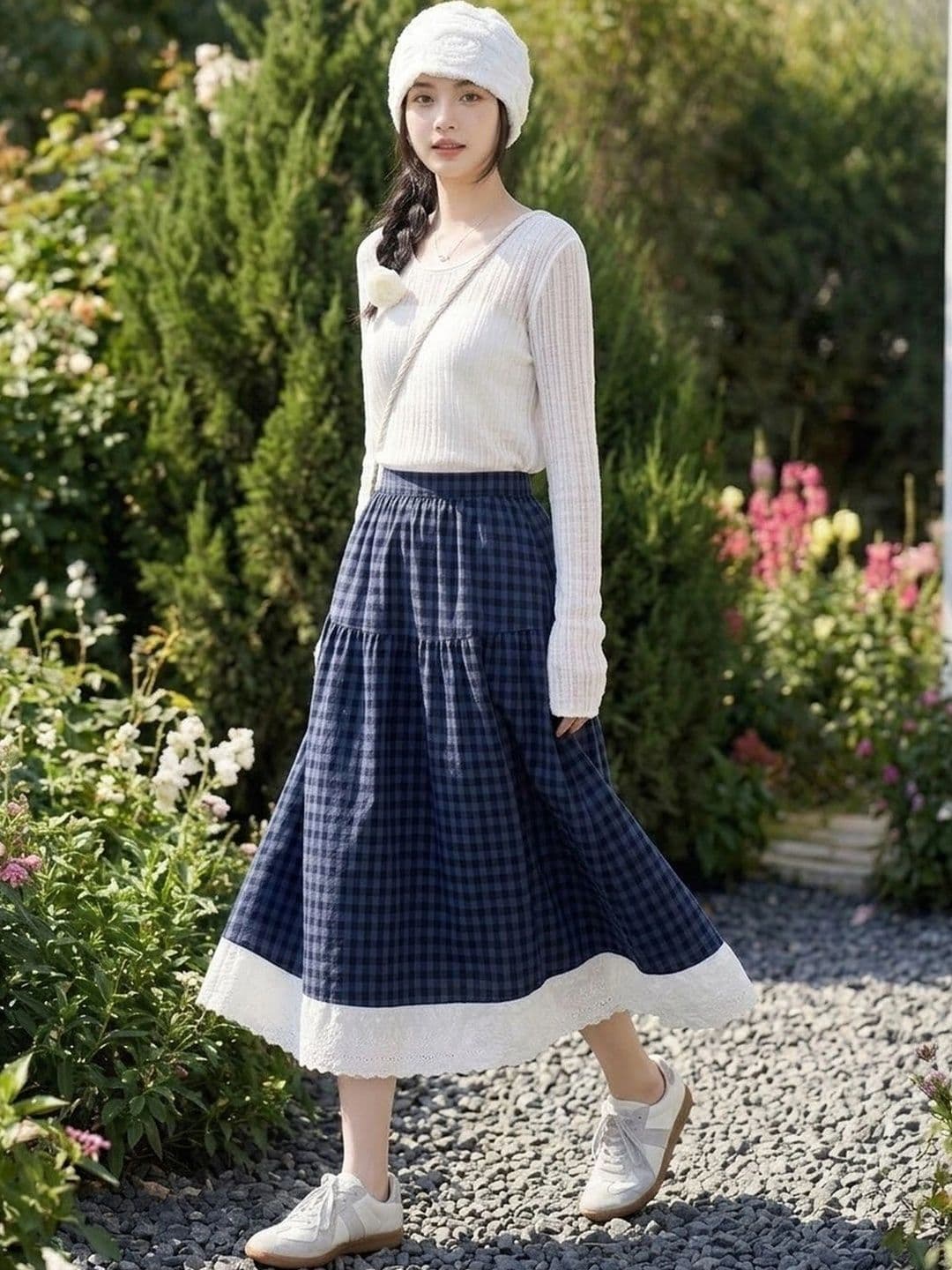 Suo Women Checked Tiered Midi A-Line Skirt - view 1