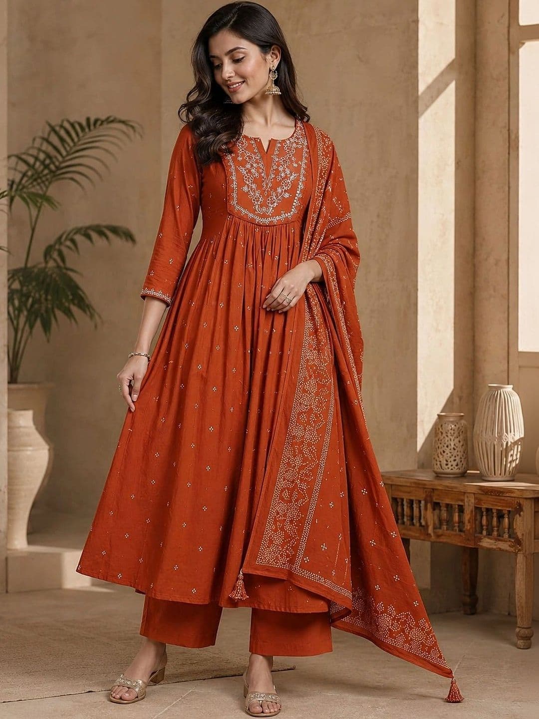 HISHAM Women Ethnic Motifs Embroidered Empire Thread Work Pure Cotton Kurta with Palazzos & With Dupatta - view 1