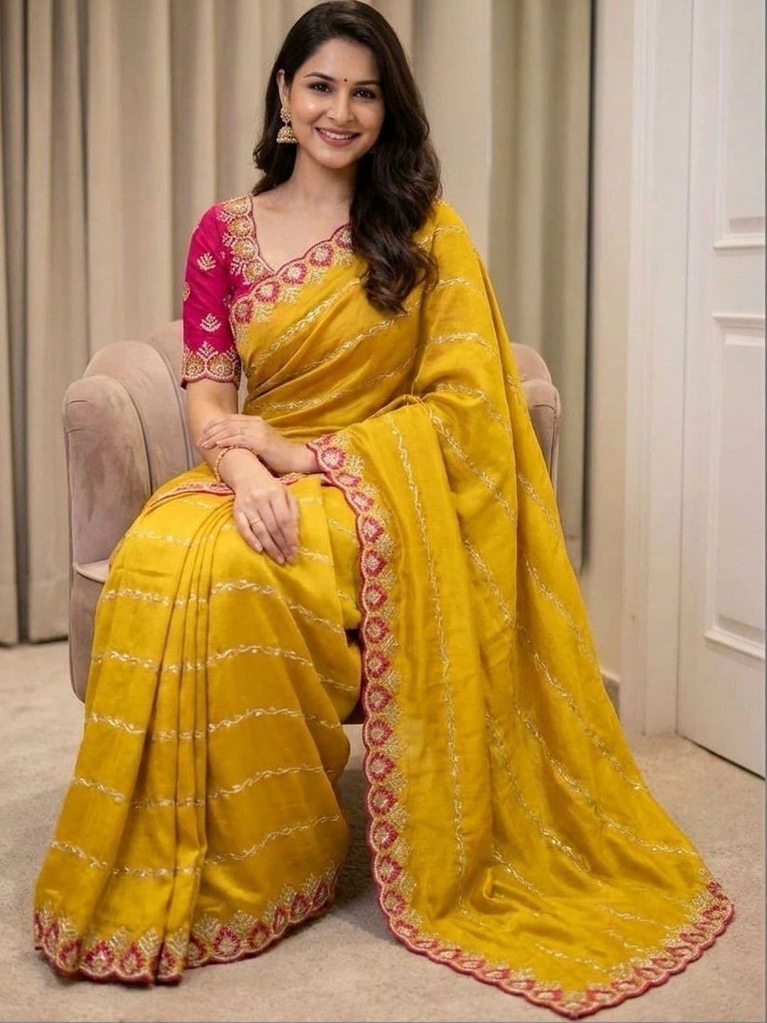 THE WHITE RABBIT Floral Embroidered Poly Crepe Banarasi Saree - view 1