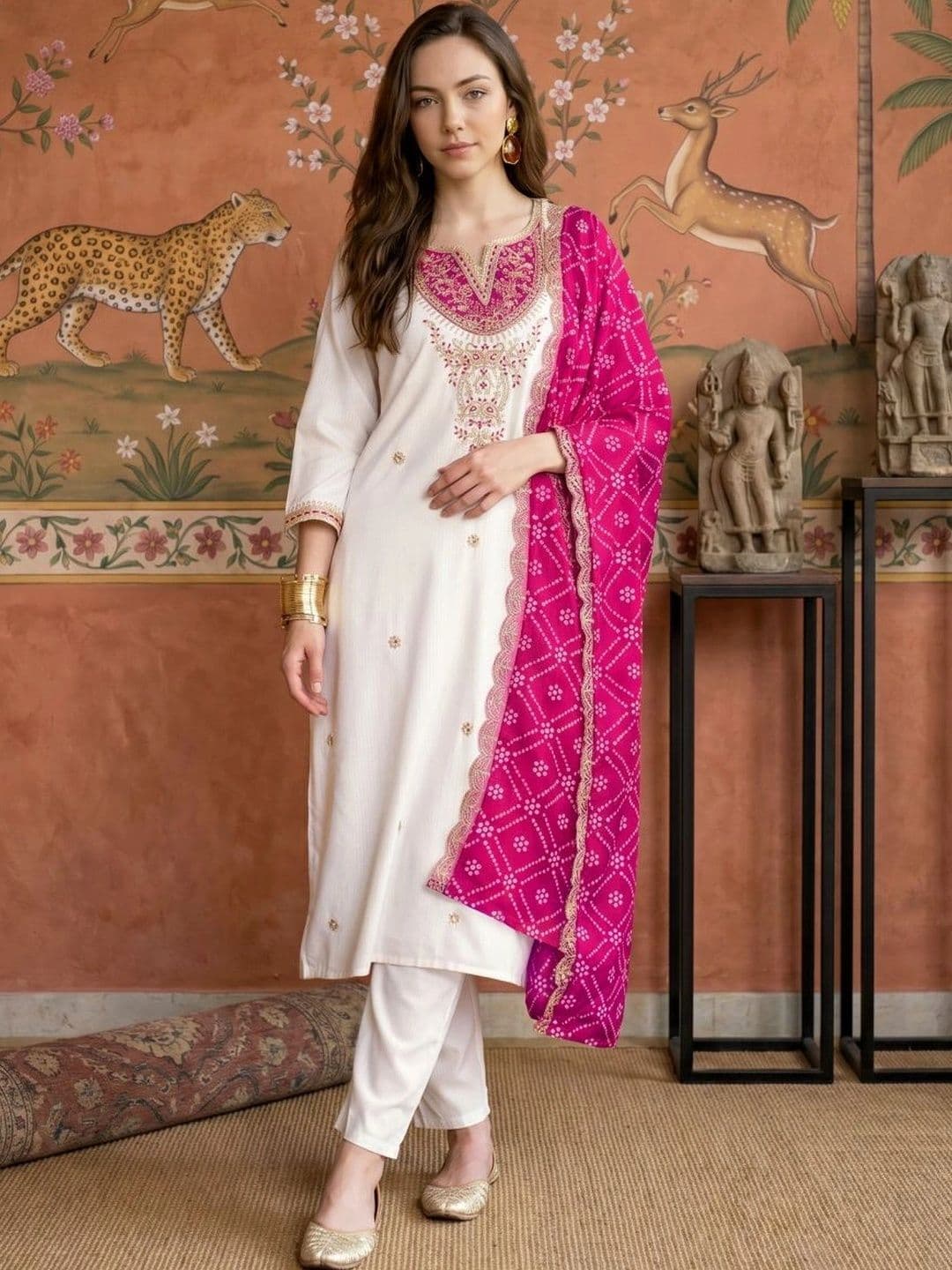 Sangria Women Ethnic Motifs Embroidered Regular Thread Work Kurta with Trousers & With Dupatta - view 1