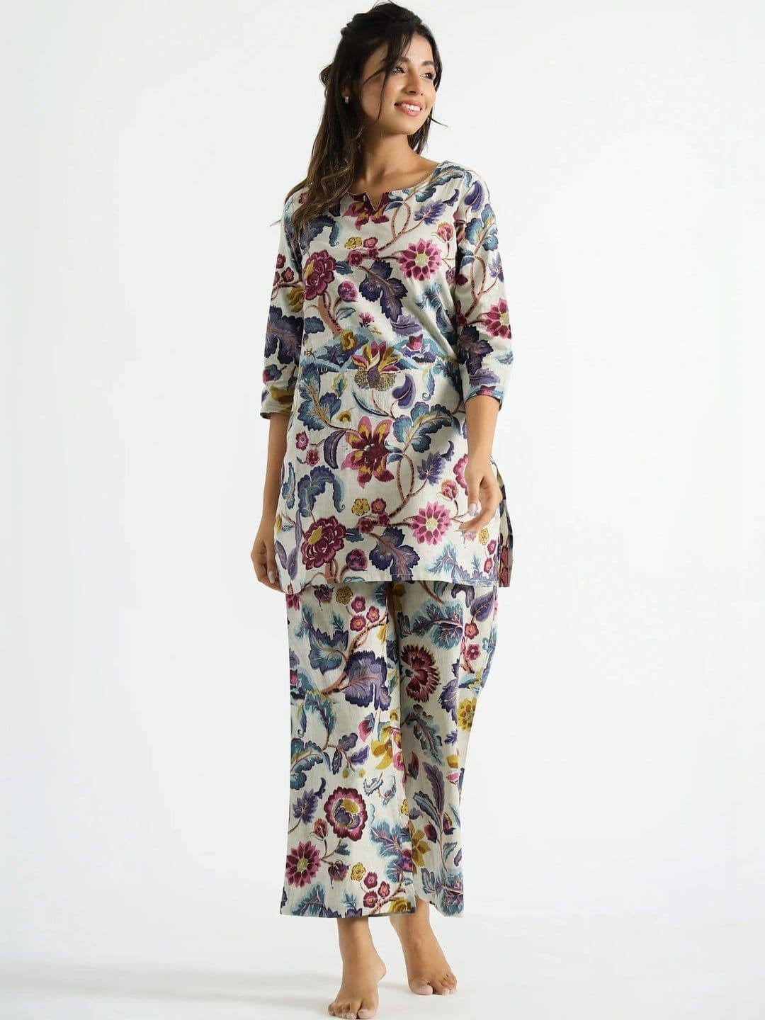 KALINI Women Floral Printed Regular Kurti with Pyjamas - view 1