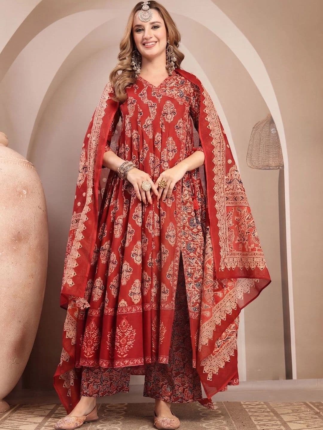 Sangria Women Ethnic Motifs Printed Angrakha Kurta with Trousers & With Dupatta - view 1