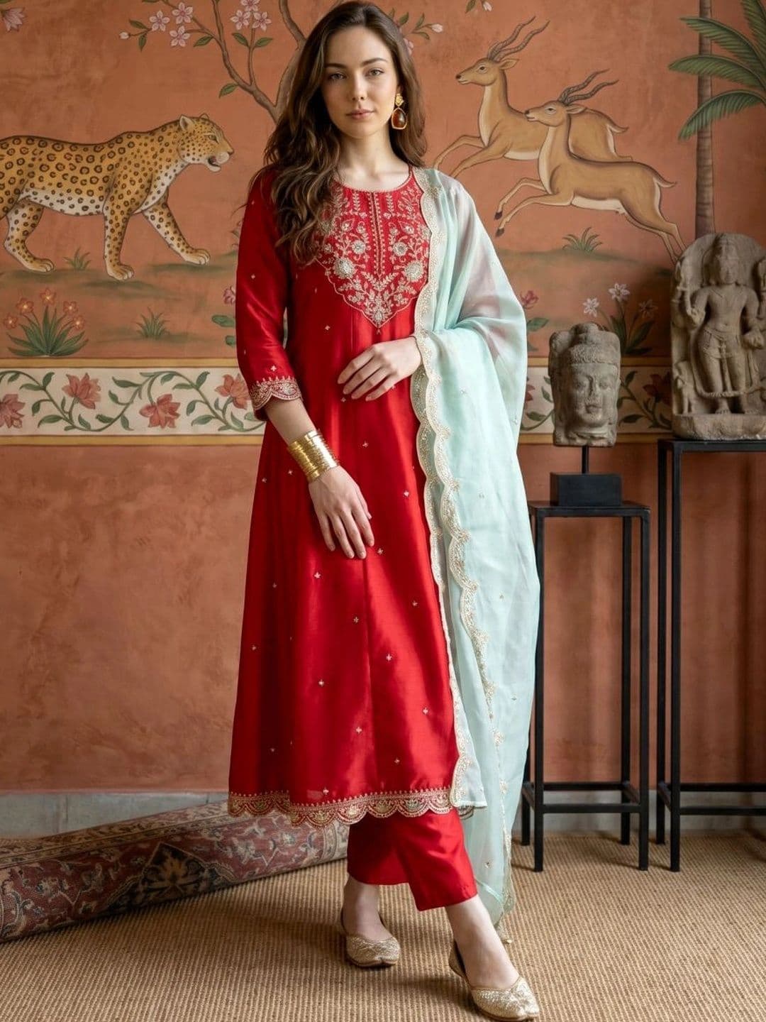 Sangria Women Ethnic Motifs Embroidered Regular Thread Work Kurta with Trousers & With Dupatta - view 1