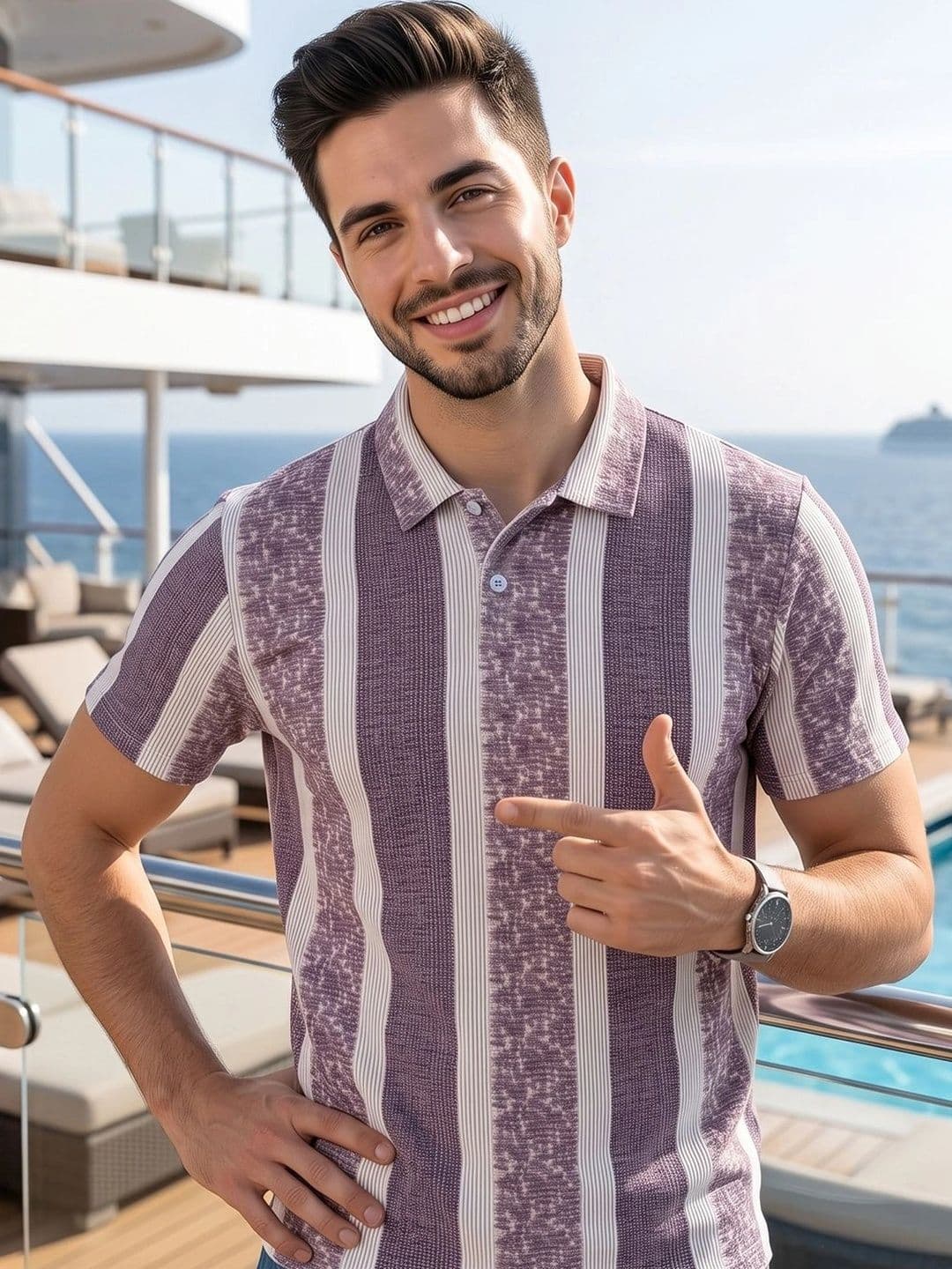 OAKWYN Men Striped Polo Collar T-shirt - view 1