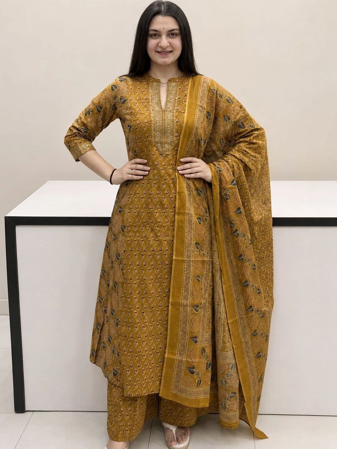 Aaghnya Women Ethnic Motifs Printed Regular Thread Work Kurta with Palazzos & With Dupatta - view 1