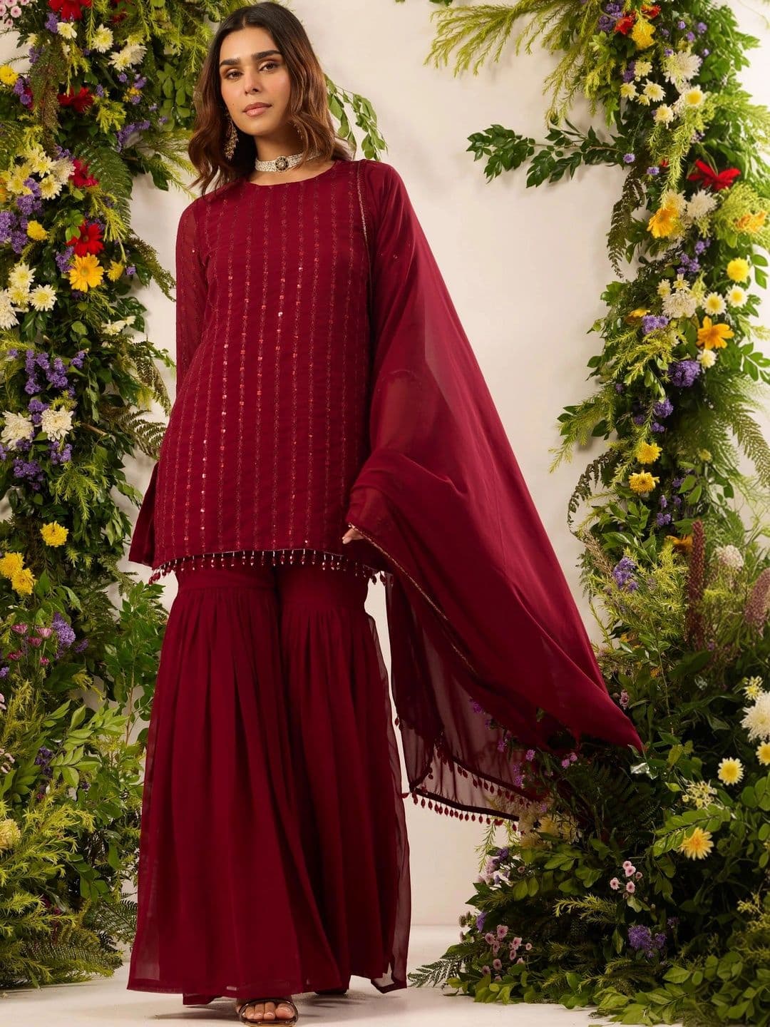 KALINI Women Ethnic Motifs Embroidered Regular Sequinned Kurta with Sharara & With Dupatta - view 1