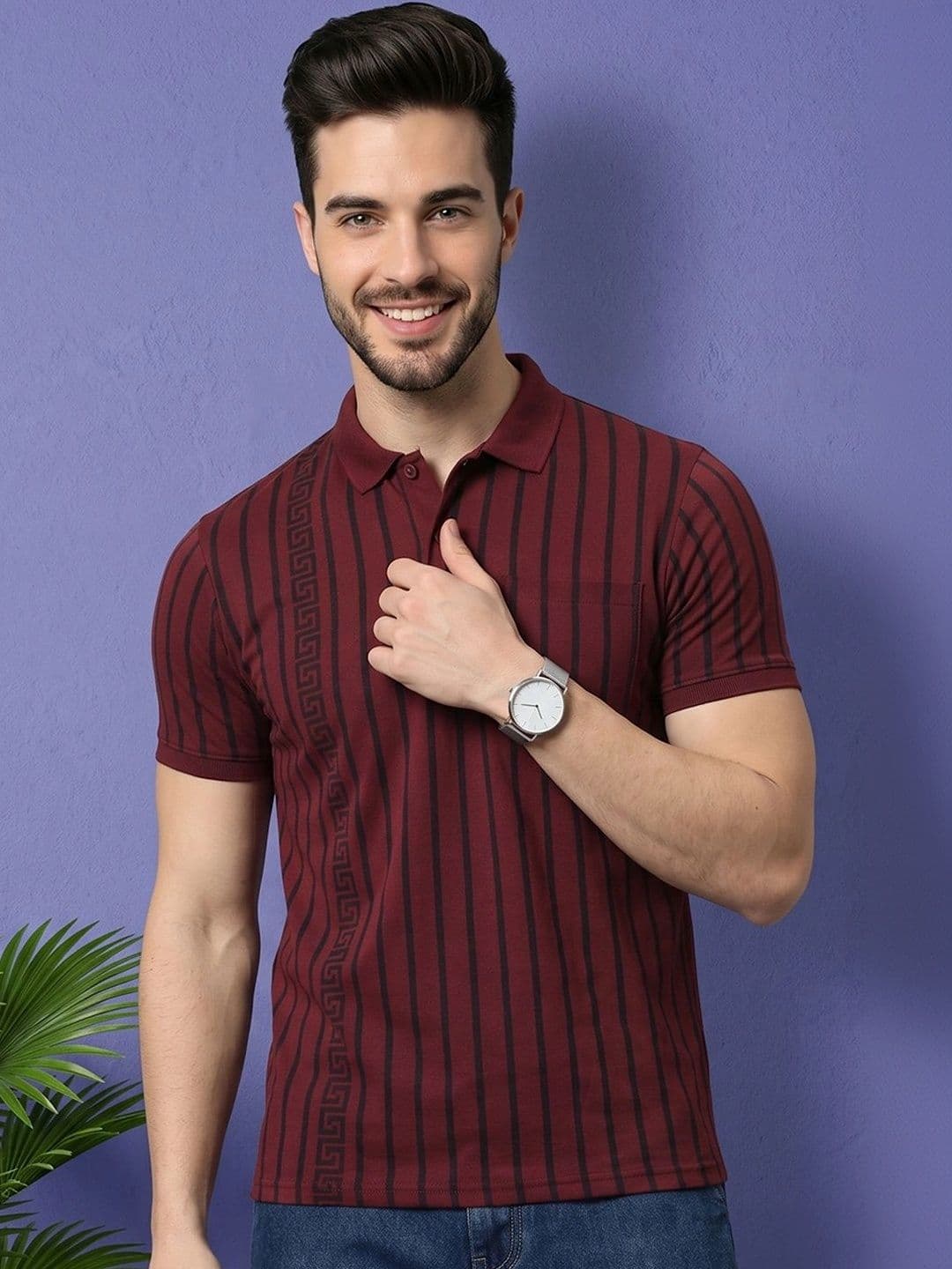 OAKWYN Men Striped Polo Collar Pockets T-shirt - view 1