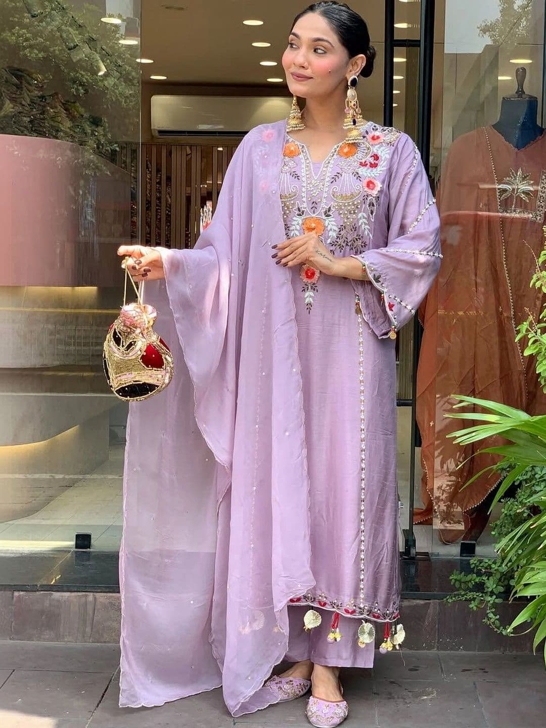 Moda Rapido Women Floral Embroidered Regular Thread Work Chanderi Silk Kurta with Trousers & With Dupatta - view 1