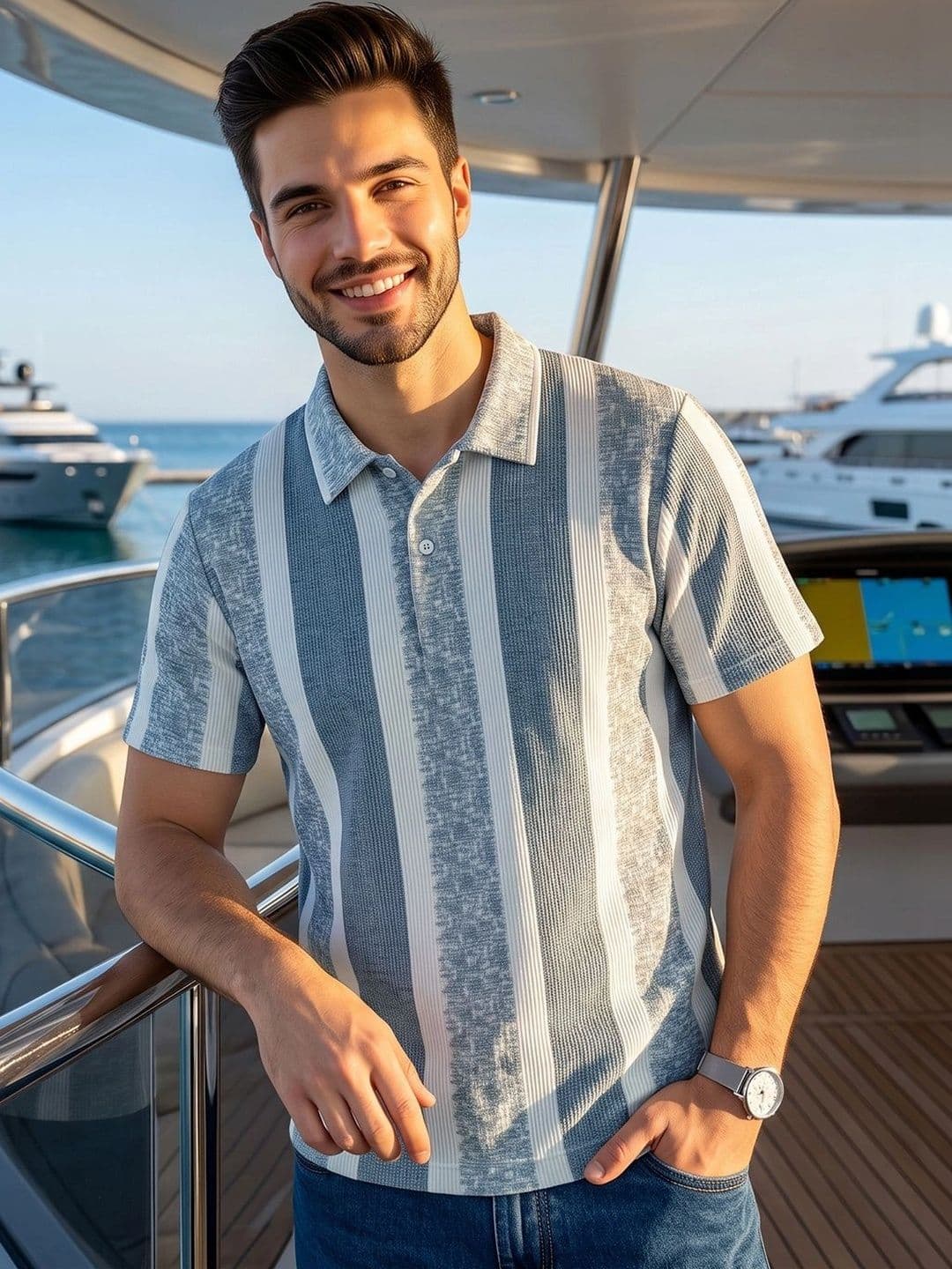 OAKWYN Men Striped Polo Collar T-shirt - view 1