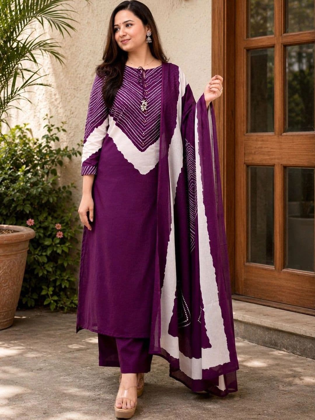 Sangria Women Leheriya Dyed Regular Cotton Kurta with Palazzos & With Dupatta - view 1