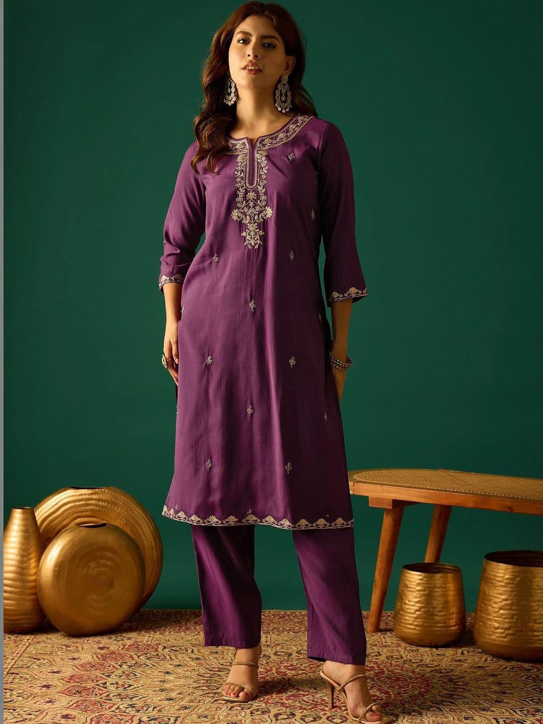 KSUT Women Ethnic Motifs Embroidered Regular Thread Work Kurta with Trousers & With Dupatta - view 1