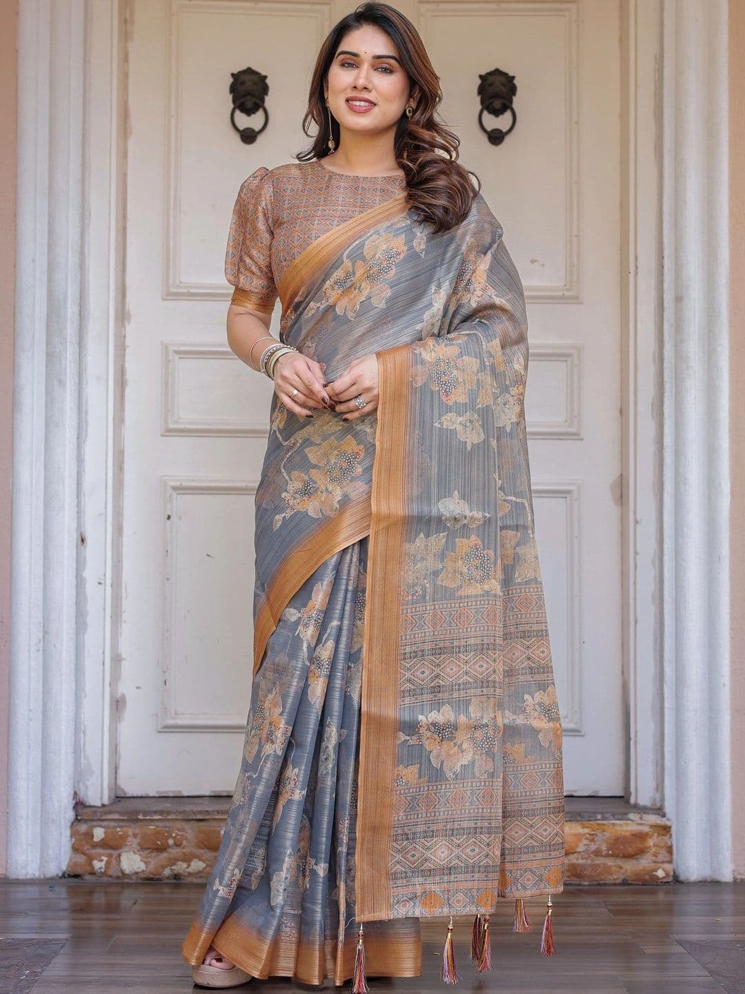 all about you Floral Linen Blend Designer Saree - view 1