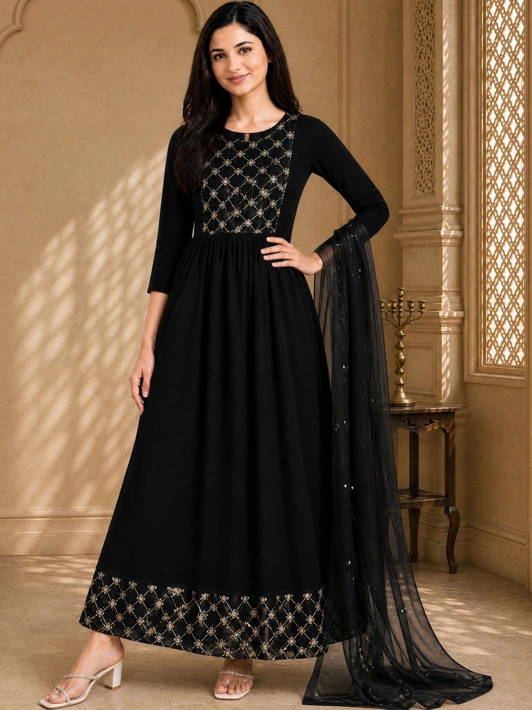 SZN Women Georgette Embroidered Round Neck Ethnic Dress with Dupatta - view 1