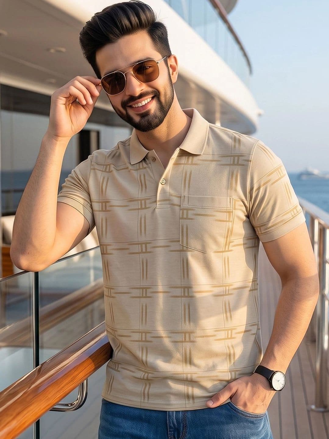 OAKWYN Men Printed Polo Collar Pockets T-shirt - view 1