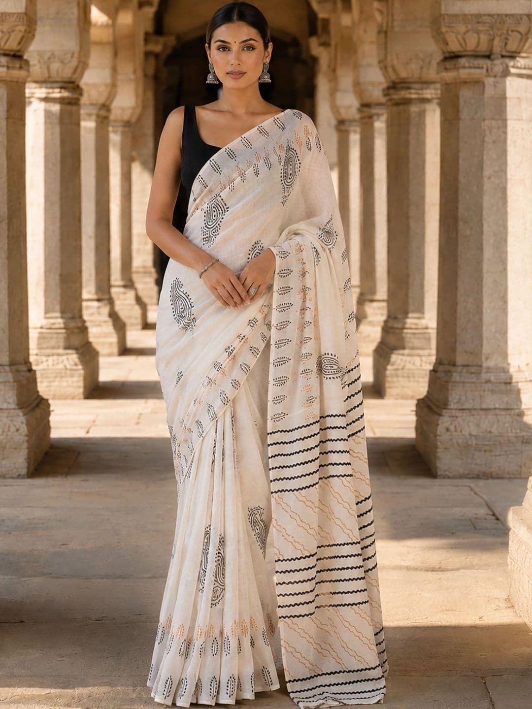 Anjaneya Sarees Linen Blend Designer Block Print Saree - view 1