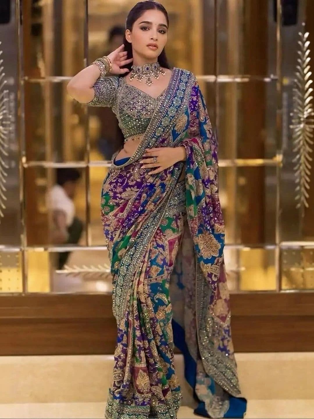 Akag Floral Mirror Work Designer Saree - view 1