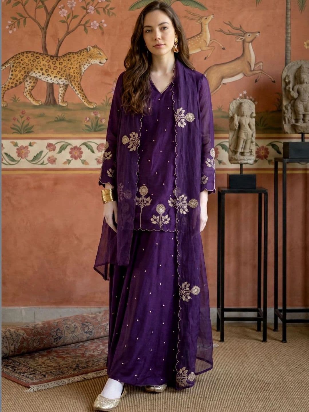 Sangria Women Ethnic Motifs Embroidered Regular Pure Silk Kurta with Palazzos & With Dupatta - view 1