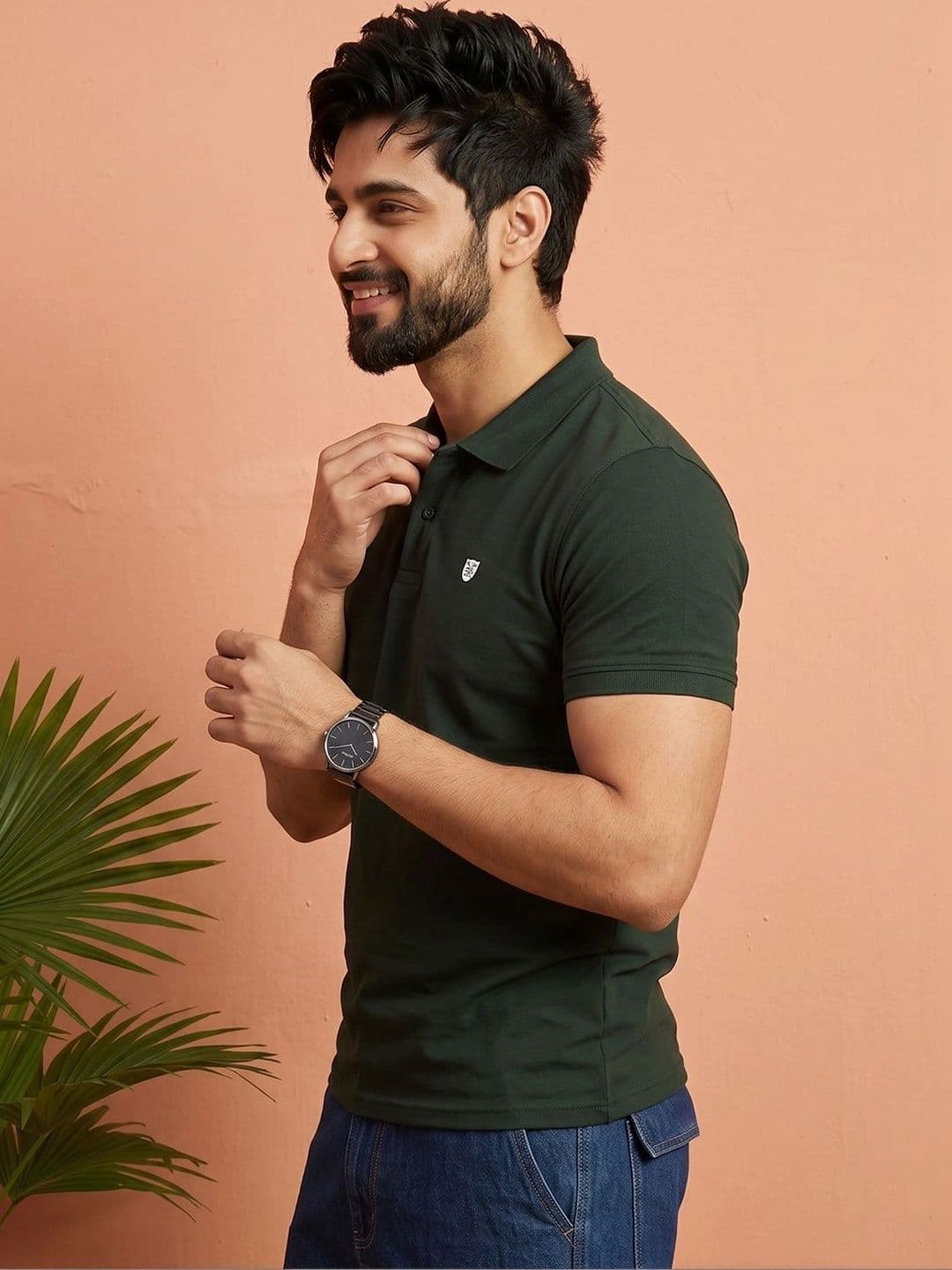 OAKWYN Green Solid Polo Collar T-shirt - view 1