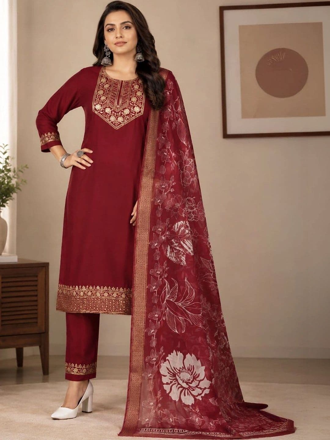HERE&NOW X Minu Fashions Women Ethnic Motifs Embroidered Regular Thread Work Pure Silk Kurta with Trousers & - view 1