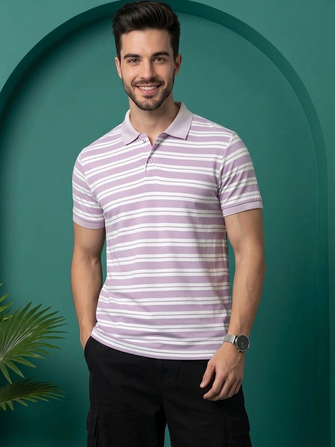 OAKWYN Men Striped Polo Collar T-shirt - view 1