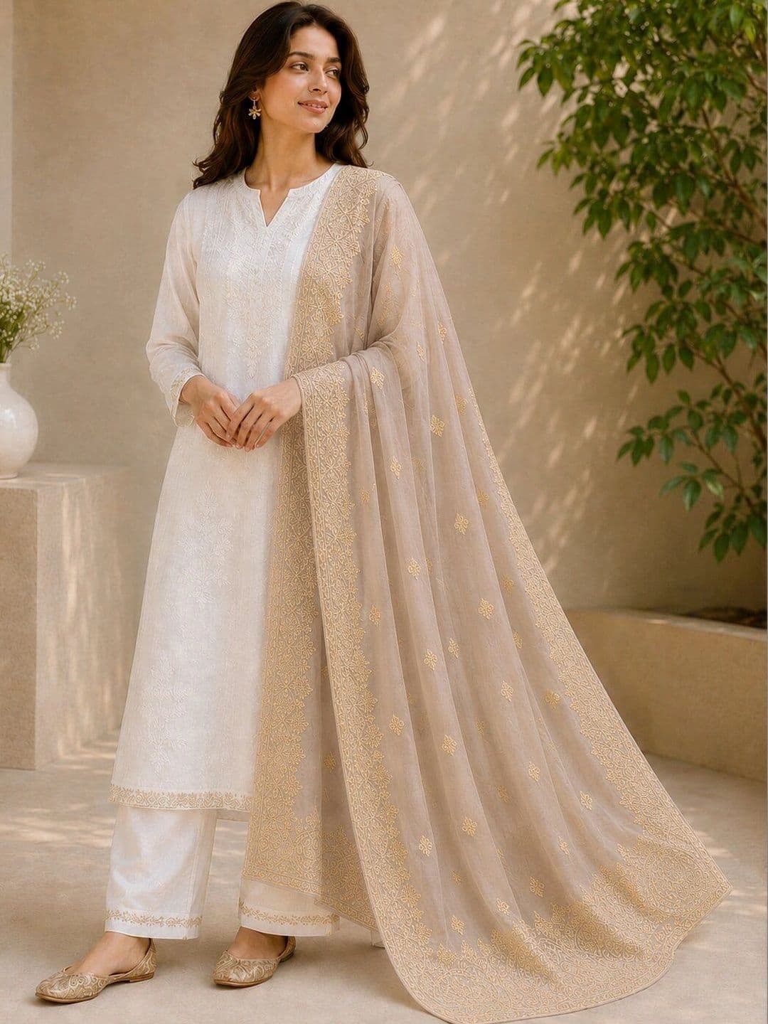 Ground Fashion Ethnic Motifs Embroidered Dupatta with Thread Work - view 1