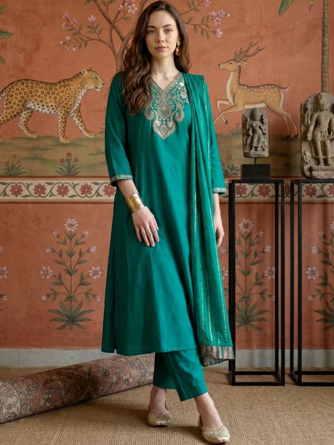 Sangria Women Ethnic Motifs Embroidered Regular Thread Work Kurta with Trousers & With Dupatta - view 1