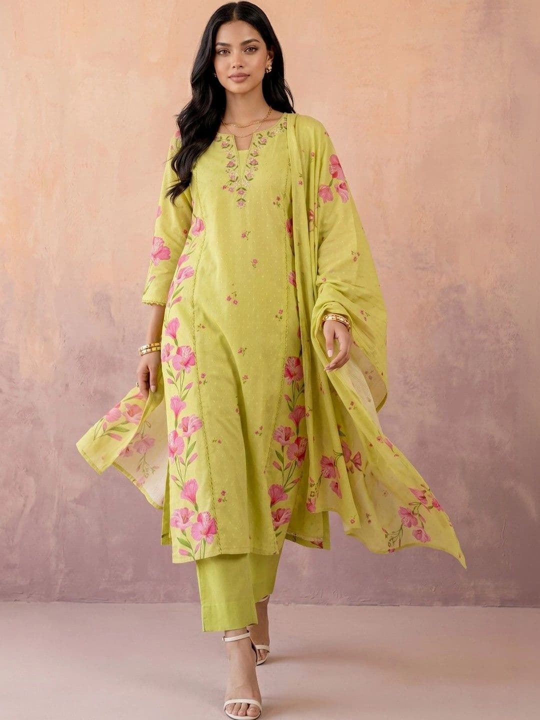 KINDA DESI Women Floral Printed Regular Thread Work Chanderi Silk Kurta with Trousers & With Dupatta - view 1