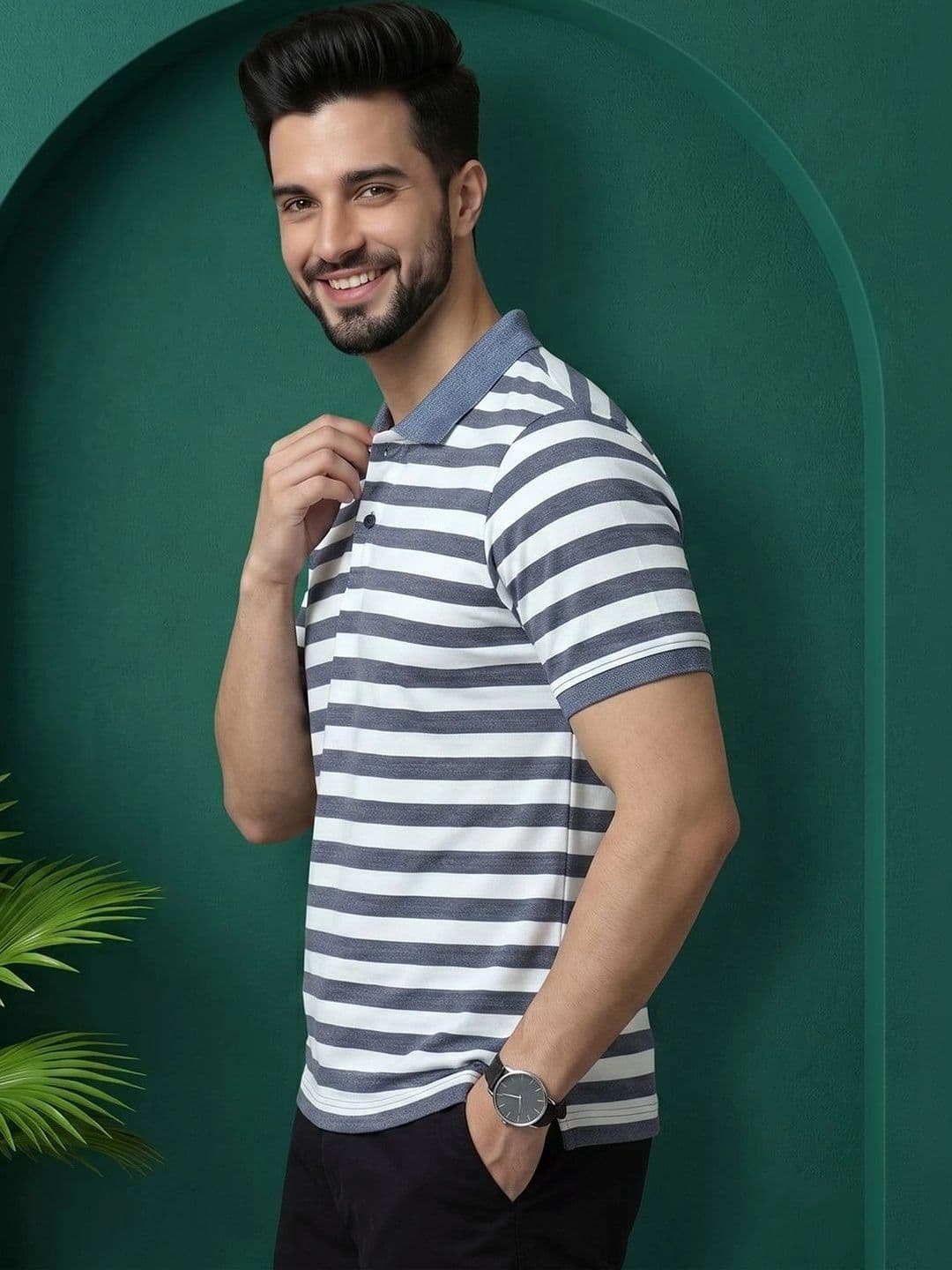 OAKWYN Men Striped Polo Collar T-shirt - view 1
